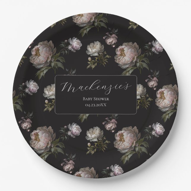 Moody Dark Peony Floral Baby Shower  Paper Plates (Front)