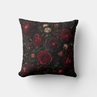 Moody Dark Red Burgundy Roses and Peonies Gothic  Throw Pillow