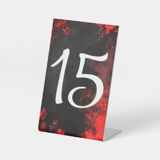 Moody Dark Red Rose Wedding Table Number Pedestal Sign