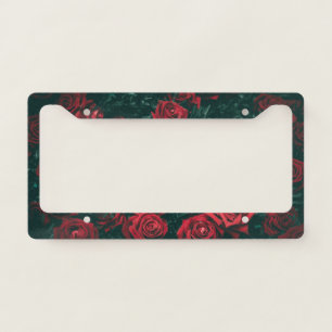 Moody Dark Red Roses Floral Pattern Background License Plate Frame