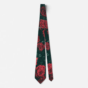 Moody Dark Red Roses Floral Pattern Background Neck Tie