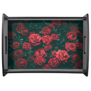 Moody Dark Red Roses Floral Pattern Background Serving Tray