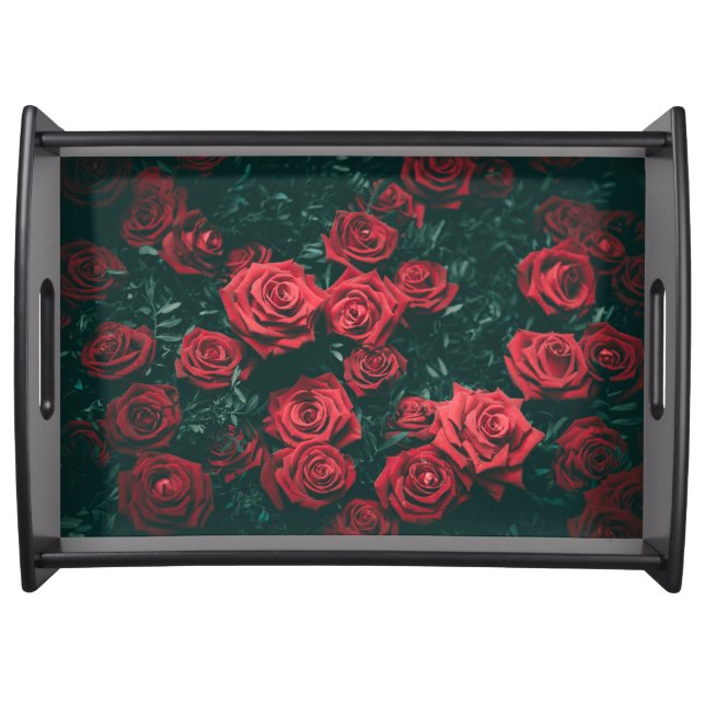 Moody Dark Red Roses Floral Pattern Background Serving Tray (Front)