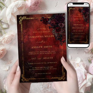 Moody Dark Romance Wedding Burgundy Gold Invitation