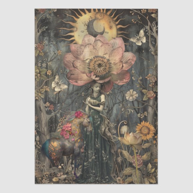 Moody Dark Rustic Fantasy Garden Girl Decoupage  Tissue Paper (Front)