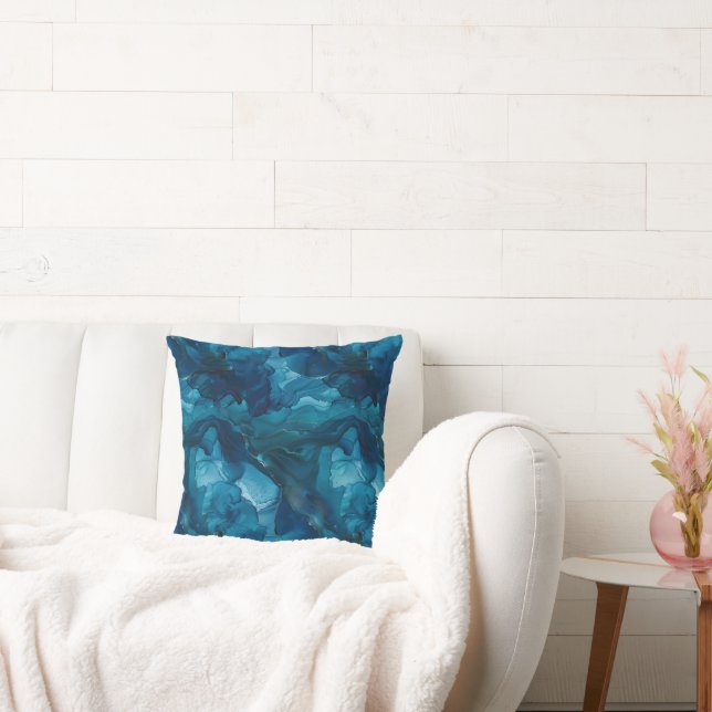 Moody Dark Teal Blue Watercolor Marble Throw Pillow (Couch)