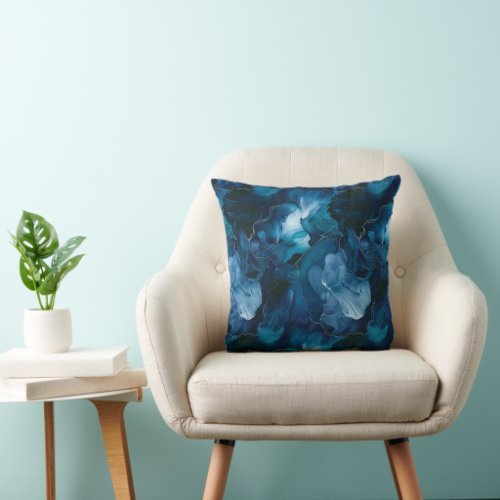 Moody Dark Teal Blue Watercolor Marble Throw Pillow