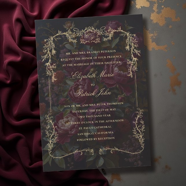 Moody Dark Victorian Botanical Gold Crest Wedding Invitation (moody wedding invitation victorian botanical crest frame dark gothic romance whimsigoth theme)
