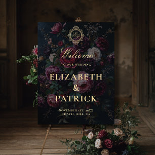 Moody Dark Victorian Crest Peony Wedding Welcome Foam Board