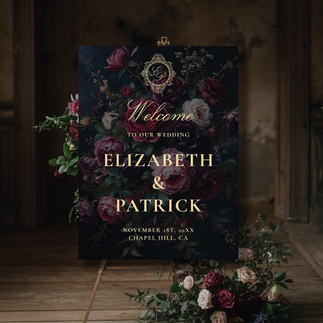 Moody Dark Victorian Crest Peony Wedding Welcome Foam Board — Pencil Owl Studios