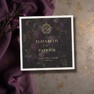 Moody Dark Victorian Lace Crest Peony Dark Wedding Napkins