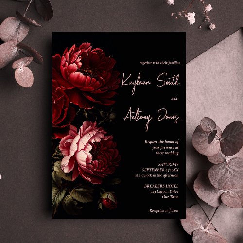 Moody dark vintage flowers wedding all in one invitation