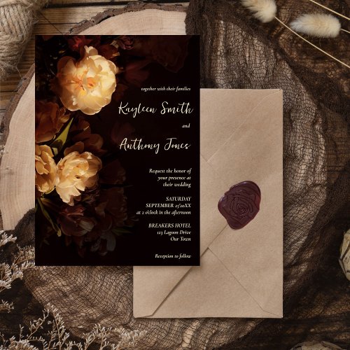 Moody dark vintage flowers wedding all in one invitation