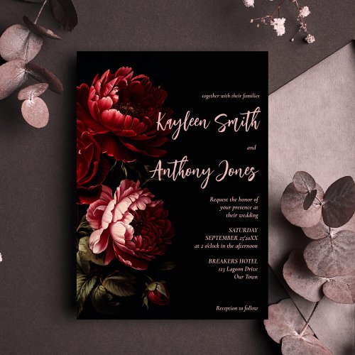 Moody dark vintage flowers wedding invitation