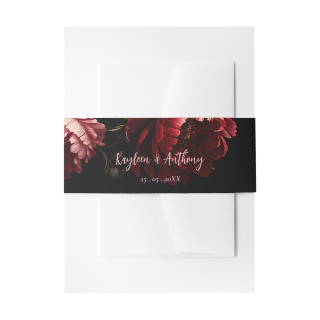 Moody dark vintage flowers wedding invitation belly band (Front Example)