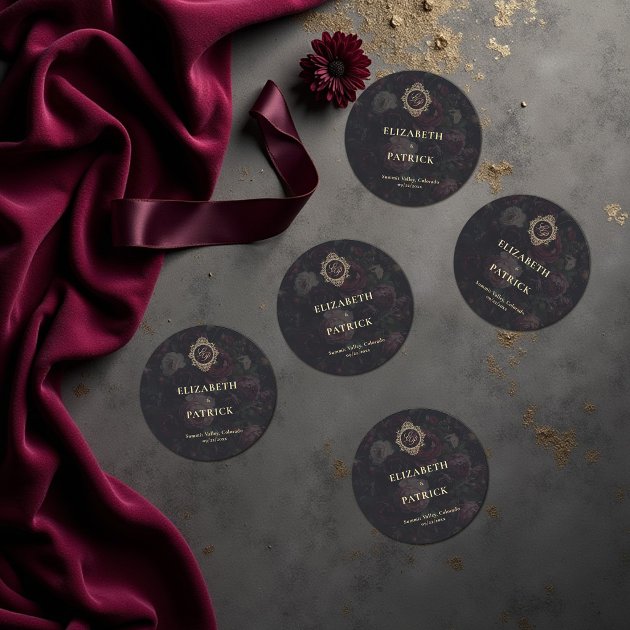 Moody Dark Vintage Victorian Crest Peony Wedding Classic Round Sticker — Pencil Owl Studios