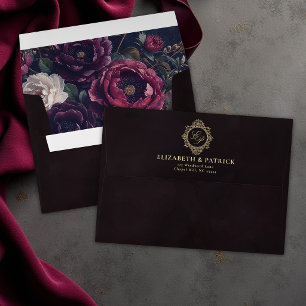 Moody Dark Vintage Victorian Crest Peony Wedding Envelope