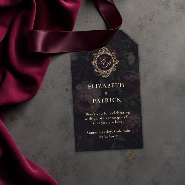 Moody Dark Vintage Victorian Crest Peony Wedding Gift Tags — Pencil Owl Studios