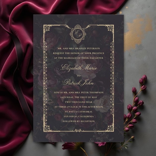 Moody dark Victorian wedding invitation with antique gold crest monogram and burgundy peonies on a black background