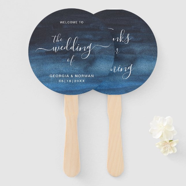 Moody Dark Watercolor Navy Blue Wedding Hand Fan (Front and Back)