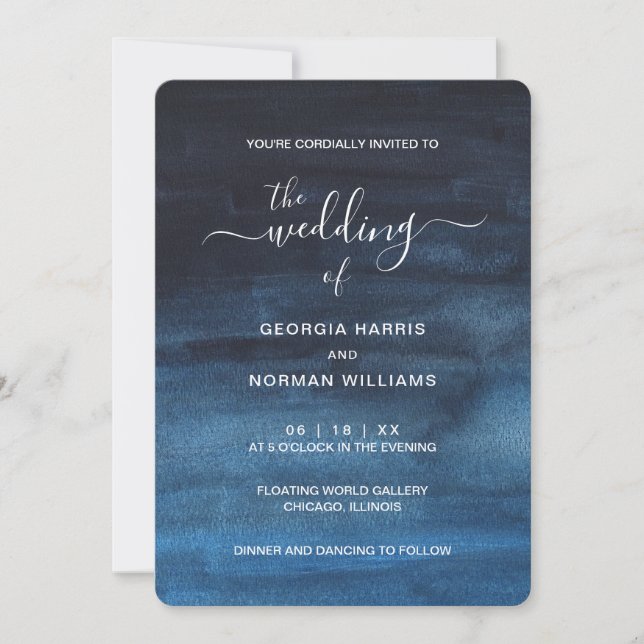 Moody Dark Watercolor Navy Blue Wedding Invitation (Front)