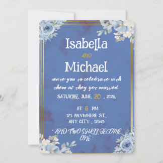 Moody Deep Blue & Gold Frame Watercolor Floral Invitation