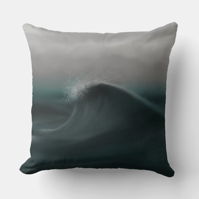 Moody deep green wave in storm throw pillow (Front)