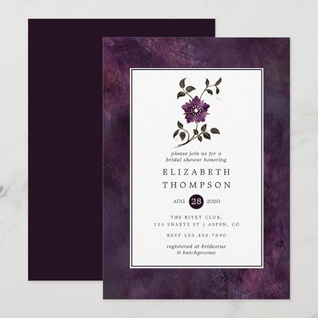 Moody Deep Plum Velvet Floral Bridal Shower Invitation (Front/Back)