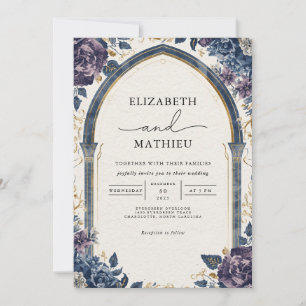 Moody Deep Purple Floral Arch Wedding Invitation