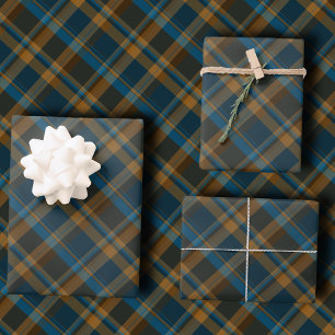 Moody Diagonal Navy, Brown and Copper Tartan Plaid Wrapping Paper Sheets