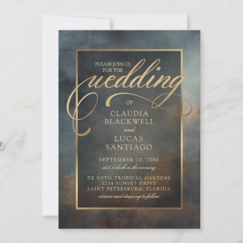 Moody Dusty Blue Terracotta Gold Wedding Invitation
