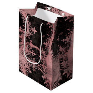 Moody Dusty Rose Gold & Black Gothic Damask Medium Gift Bag