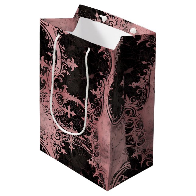 Moody Dusty Rose Gold & Black Gothic Damask Medium Gift Bag (Front Angled)
