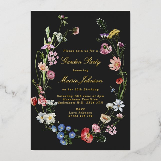 Moody Dutch Floral Garden Party Birthday Gold Foil Invitation (Front)