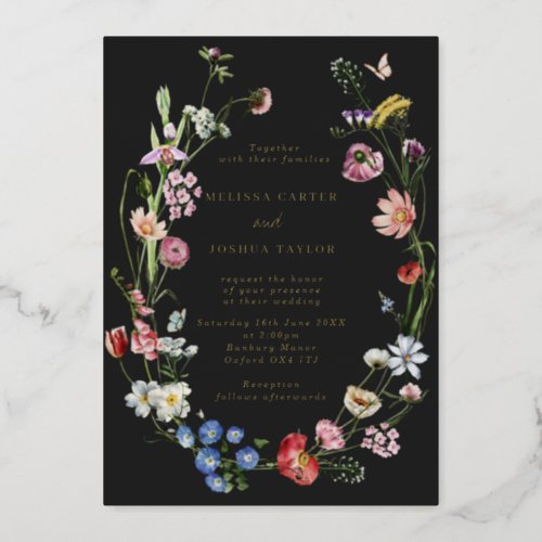 Moody Dutch Flowers  Butterflies Wedding Gold Foil Invitation