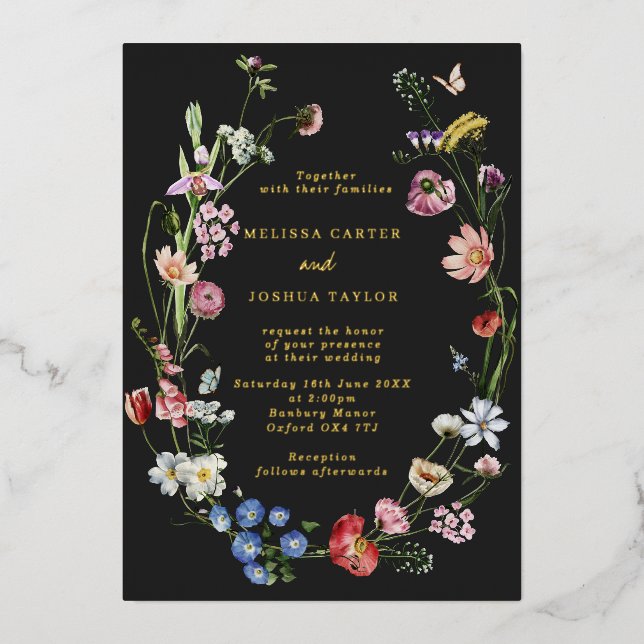 Moody Dutch Flowers & Butterflies Wedding Gold Foil Invitation (Front)