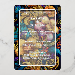 Moody Dutch Master Floral Dark Foil Wedding Invitation