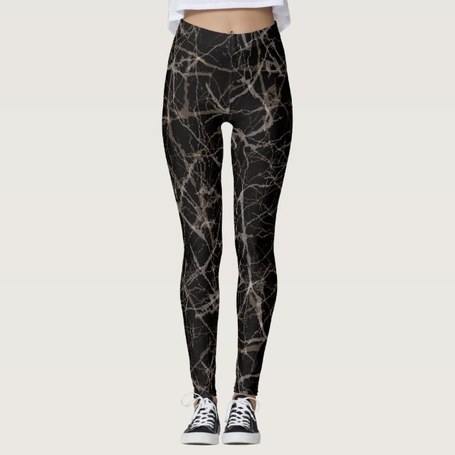 Moody Elegant Black Marble & Stone Texture  Leggings (Front)