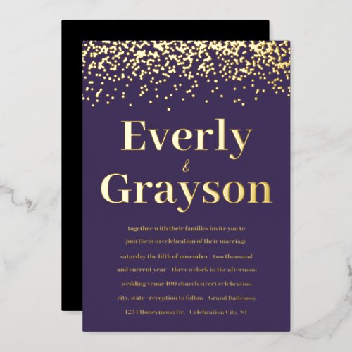 Moody Elegant Confetti Purple and Gold Wedding  Foil Invitation