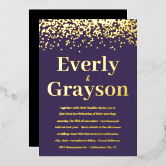 Moody Elegant Confetti Purple and Gold Wedding Foil Invitation
