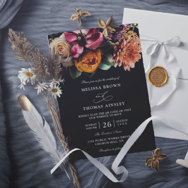 Moody Elegant Floral Dark Budget QR Code Wedding Invitation (Creator Uploaded)
