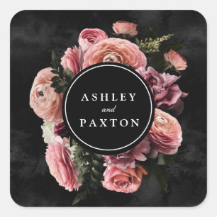 Moody Elegant Pink Floral Bouquet on Black Class Square Sticker