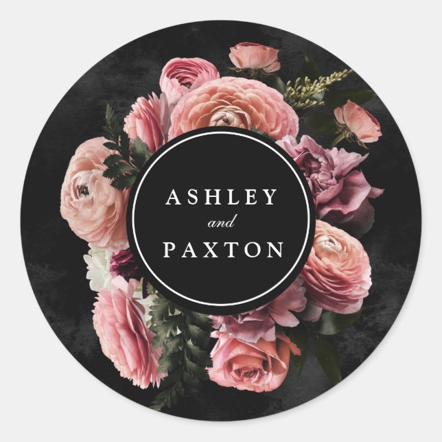 Moody Elegant Pink | Floral Bouquet on Black Classic Round Sticker (Front)