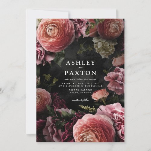 Moody Elegant Pink  Floral Bouquet on Black Invit Invitation
