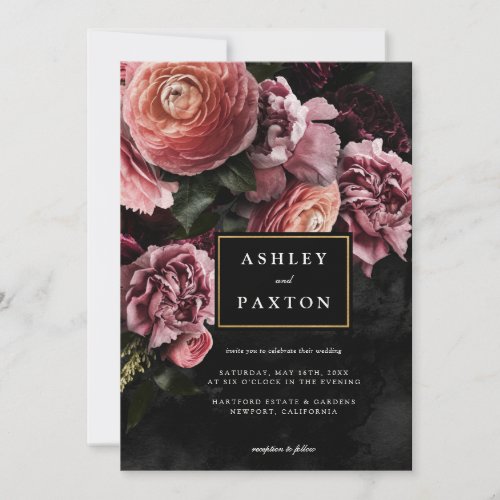 Moody Elegant Pink  Floral Bouquet on Black Invitation