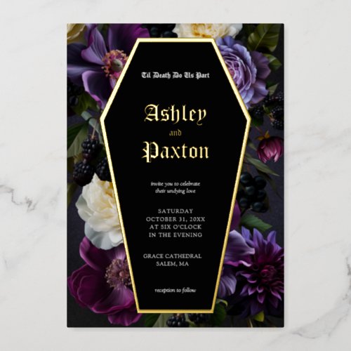 Moody Elegant Purple Gothic Garden Floral Wedding Foil Holiday Card