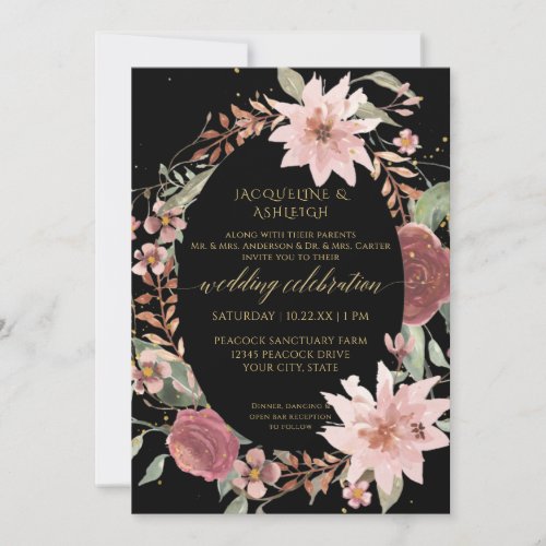 Moody Elegant Watercolor Flowers Black Blush Pink Invitation