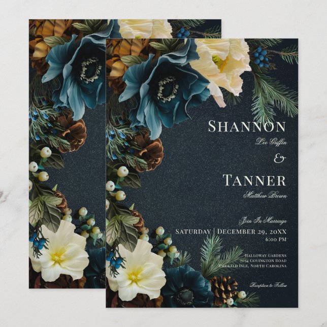 Moody Elegant Winter Blue Floral Pine Wedding Invitation (Front/Back)