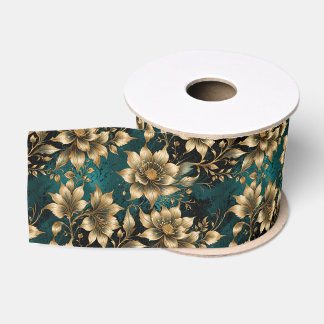 Moody Emerald and Antique Gold Botanical Grosgrain Ribbon