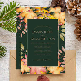 Moody Emerald Green Fall Leaves Wedding Invitation
